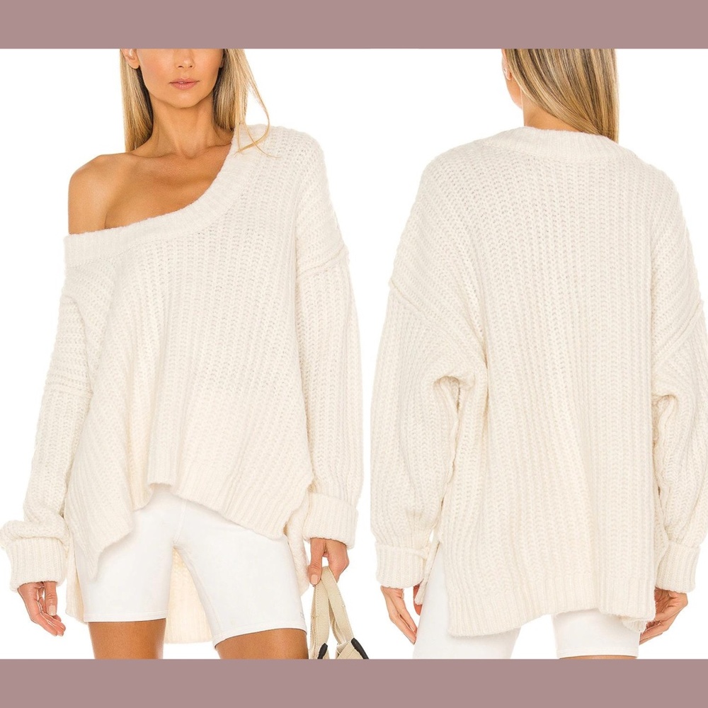 NWT $128 Free People [ Small‎ ] Blue Bell V-Neck Oversized Sweater in Ivory